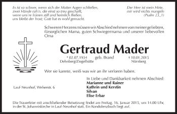 Traueranzeige von Gertraud Mader von Pegnitz-Zeitung